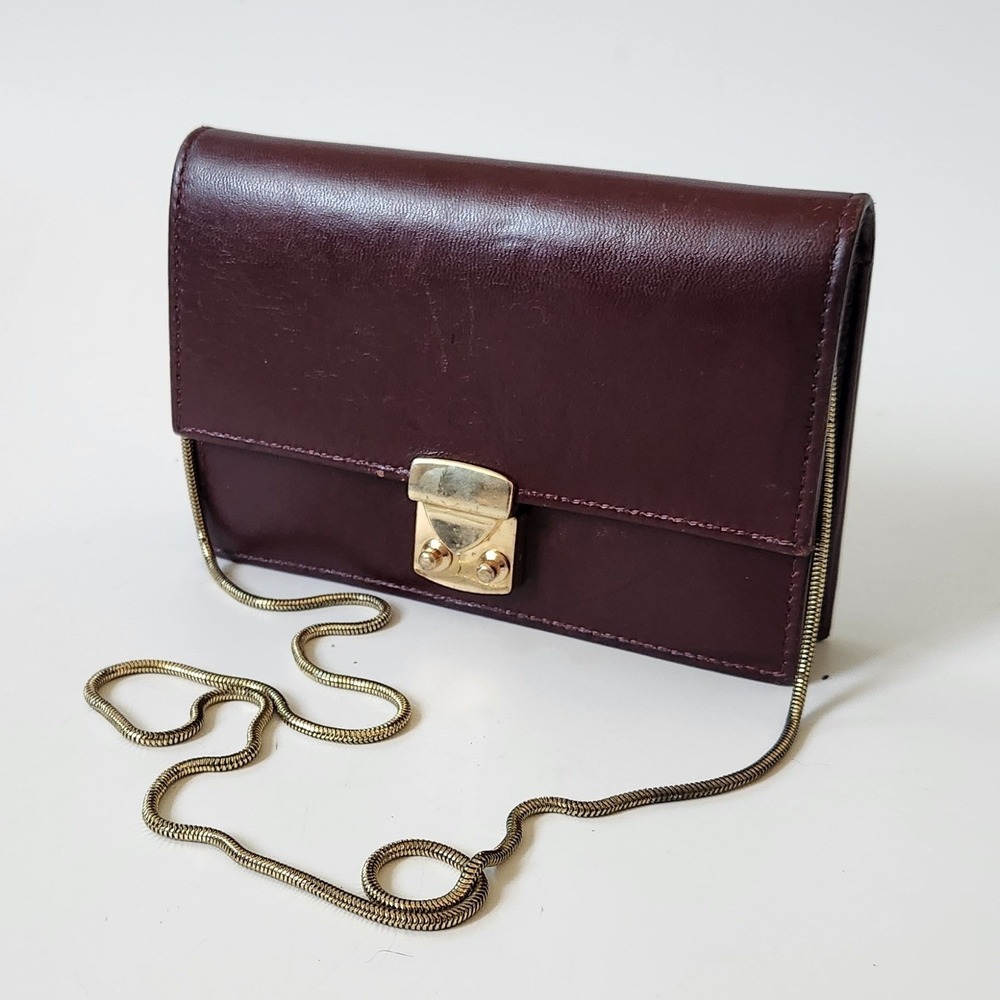 Onna Ehrlich Genuine Leather Structured Flap Clutch Purse Burgundy Academia 90s